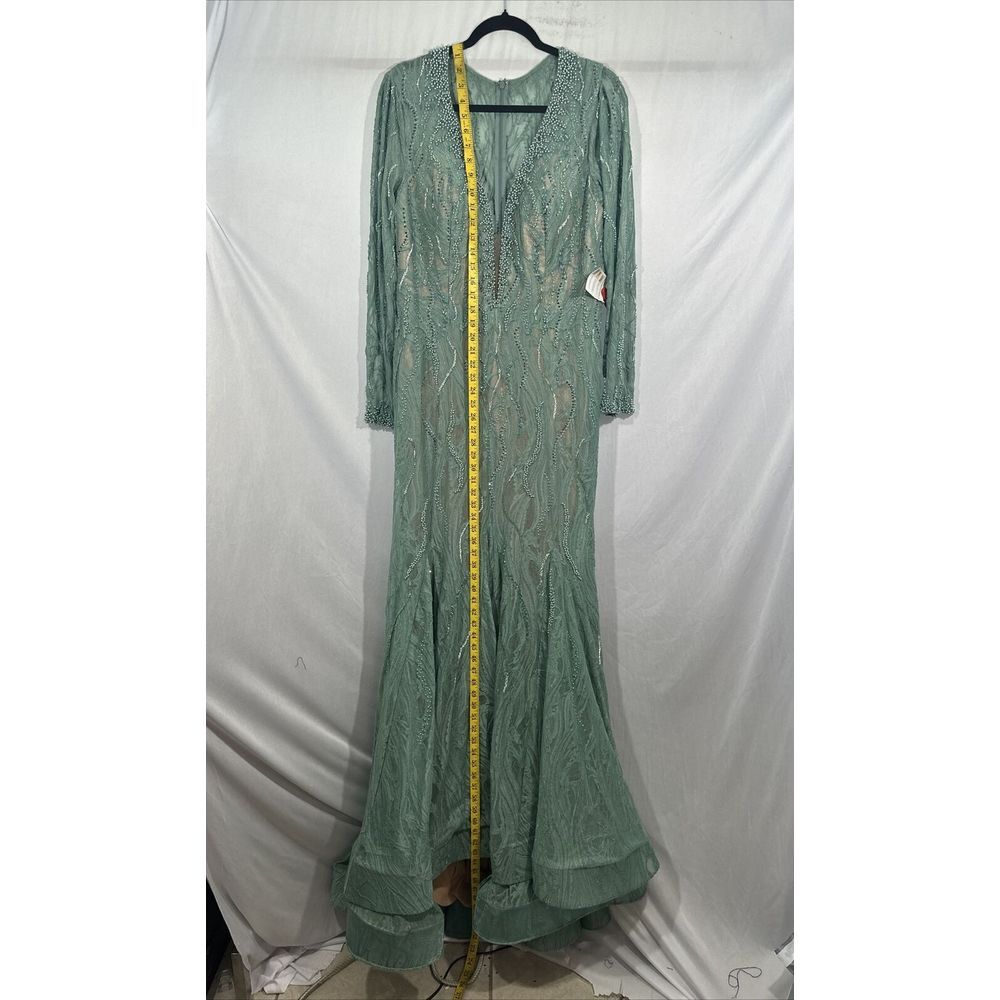 NWT Mac Duggal [ 12 ] 79291 Beaded Lace Long Sleeve Plunge Neck Gown Sage‎ green - Picture 8 of 15